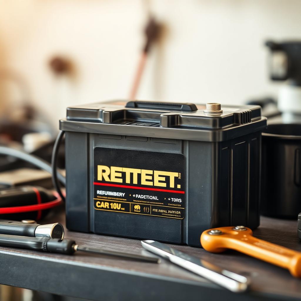 Restored car battery on a workbench with simple reconditioning tools